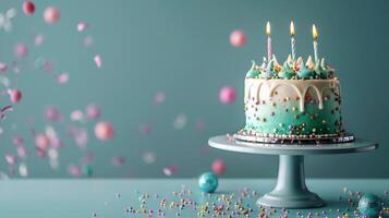 AI generated Colorful birthday cake with candle with copy space background ,happy birthday concept . photo