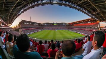 AI generated Wide angle of Sport fans at stadium are cheering for their team . photo