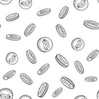 Bitcoin seamless background black and white. Hand drawn vector illustration.