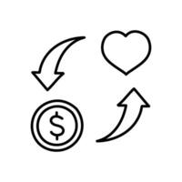 Coin and heart shape and rotating arrows icon. Hand drawn vector illustration. Editable line stroke.