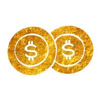 Hand drawn Coin money icon in gold foil texture vector illustration