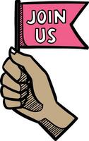 Hand holding small flag with text join us color vector illustration