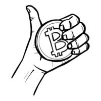 mano participación bitcoin moneda y gesticulando pulgar arriba vector