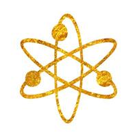 Hand drawn Atom structure icon in gold foil texture vector illustration