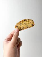 Hand holding a piece of almond cranberry Biscuit. Dry sweet and tasty bakery food. Object photography isolated on studio white background. photo