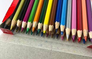 A bunch of colored pencils in cardboard packaging. Object photography isolated on white studio background. photo