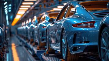 AI generated automotive industry, blue cars on the assembly line photo