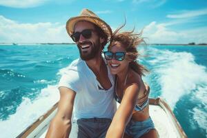 AI generated happy couple are taking a selfie on a boat photo