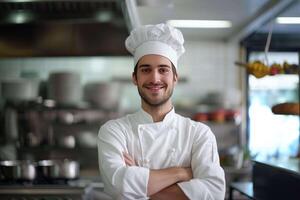 ai generado un masculino cocinero en pie en un comercial cocina foto