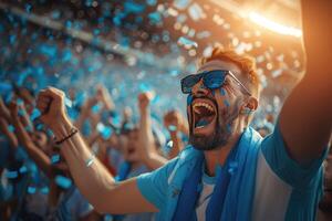 AI generated a man with blue and white scarf and sunglasses is celebrating in the stands photo