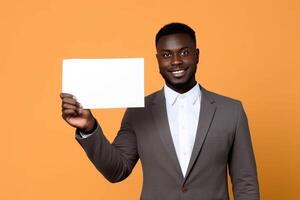 AI generated Charismatic Businessman Presenting Blank Sign for Marketing on Orange Background photo