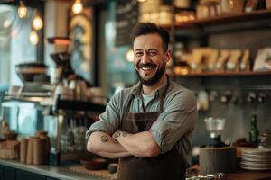 ai generado un sonriente hombre en un delantal en pie en frente de un café tienda foto