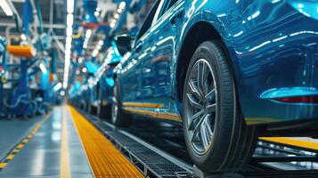 AI generated automotive industry, blue cars on the assembly line photo