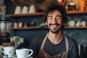 ai generado un sonriente hombre en un delantal en pie en frente de un café tienda foto