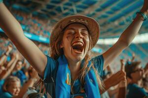 ai generado un mujer en un azul camisa y sombrero aplausos en un estadio foto