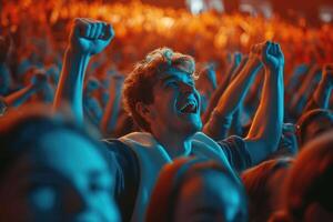 AI generated a man in a blue jacket is cheering in a stadium photo