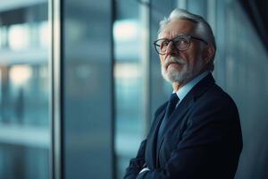 ai generado un más viejo hombre en un traje y Corbata en pie en frente de un ventana foto