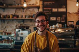 ai generado un sonriente hombre en un delantal en pie en frente de un café tienda foto