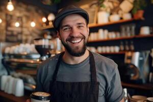 ai generado un sonriente hombre en un delantal en pie en frente de un café tienda foto