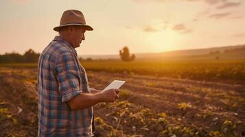 AI generated a man in a hat and plaid shirt is using a tablet in a field photo