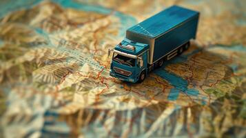 ai generado Clásico azul recoger camión modelo en un vistoso la carretera mapa - viaje y aventuras concepto foto
