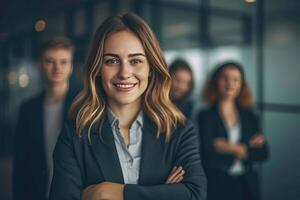 ai generado un negocio mujer en pie en frente de su equipo foto