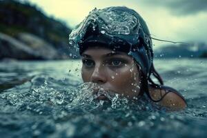 ai generado un mujer en un nadar gorra es nadando en el agua foto