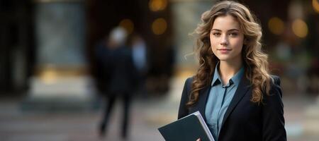 AI generated Confident Young Executive Woman with Files Standing in Urban Setting photo