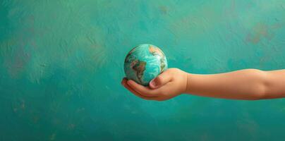AI generated Young Child Holding Globe on Blue Background - Future of Education and Environment Concept photo
