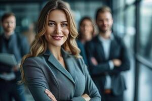 AI generated a business woman standing in front of her team photo