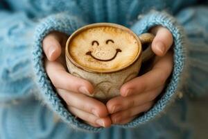 ai generado un mujer participación un sonriente cara café jarra foto
