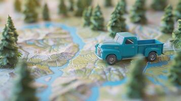 AI generated Vintage Blue Pickup Truck Model on a Colorful Road Map - Travel and Adventure Concept photo