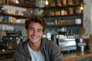 ai generado un sonriente hombre en un delantal en pie en frente de un café máquina foto