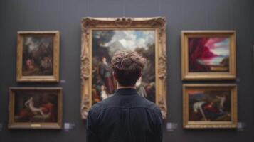 ai generado un hombre mirando a pinturas en un Arte museo foto