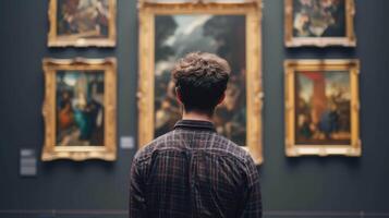 ai generado un hombre mirando a pinturas en un Arte museo foto