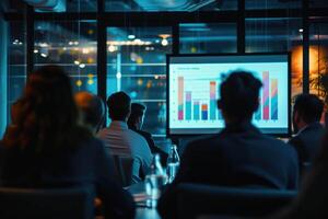 AI generated a group of people in a meeting room with a projector screen photo