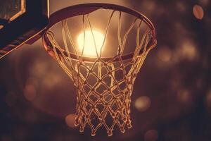 ai generado un baloncesto aro con un red en el oscuro foto