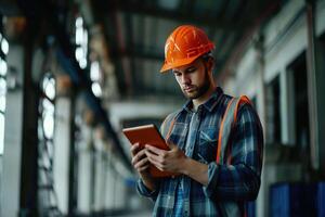 AI generated a young man in a hard hat holding a tablet photo