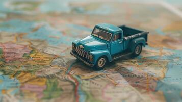 AI generated Vintage Blue Pickup Truck Model on a Colorful Road Map - Travel and Adventure Concept photo