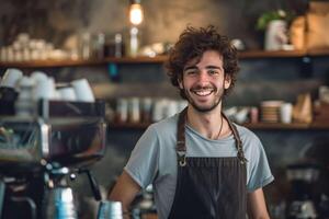 ai generado un sonriente hombre en un delantal en pie en frente de un café máquina foto