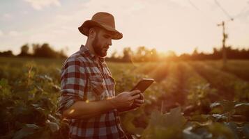 AI generated a man in a hat and plaid shirt is using a tablet in a field photo