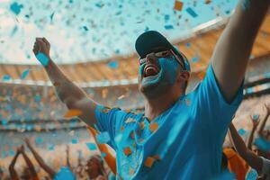 ai generado un hombre con azul pintar en su cara es celebrando en un estadio foto