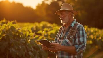 AI generated a man in a hat and plaid shirt is using a tablet in a field photo