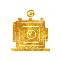 Hand drawn Large format camera icon in gold foil texture vector illustration