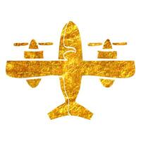 Hand drawn Vintage airplane icon in gold foil texture vector illustration