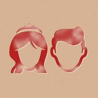 Bride and groom halftone style icon with grunge background vector illustration