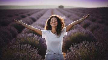 AI generated Happy girl with her hands raised up against the background of a lavender field photo