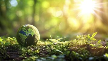 AI generated Environment ecology concept - Green globe in forest with moss and sunlight photo