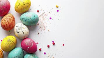 AI generated Glitter sparkling multi-colored eggs crumbly sequins Easter on a white background copy space photo