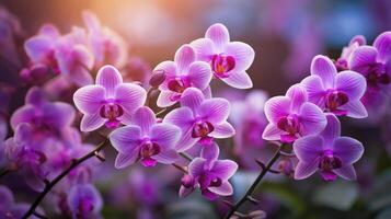 ai generado orquídea Violeta flores de cerca a dorado hora al aire libre foto